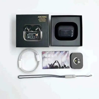 Black A9 Pro ANC Bluetooth 5.4 Wireless Earbuds with Smart Screen and Active Noise Cancellation